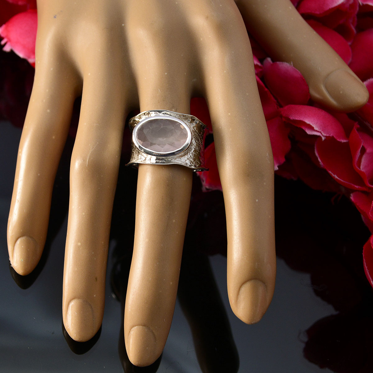 Rose Quartz Solitaire German Sterling Silver Pink Gemstone Edgy Oversized Band Jewellery