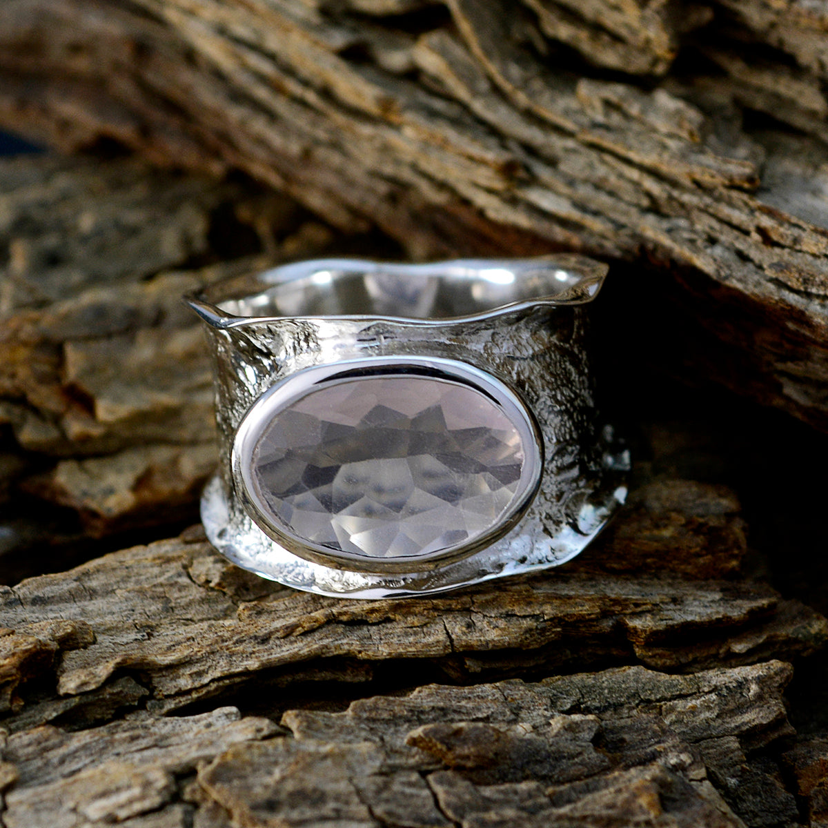 Gioiello con fascia oversize audace in quarzo rosa solitario, argento sterling tedesco, pietra preziosa rosa Immagine secondaria del prodotto