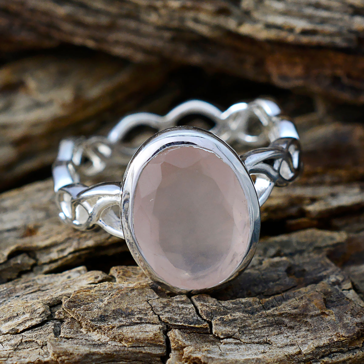 Rose Quartz Solitaire Middle Eastern 925 Sterling Silver Pink Gems Minimal Rope Wire Ring Jewellery