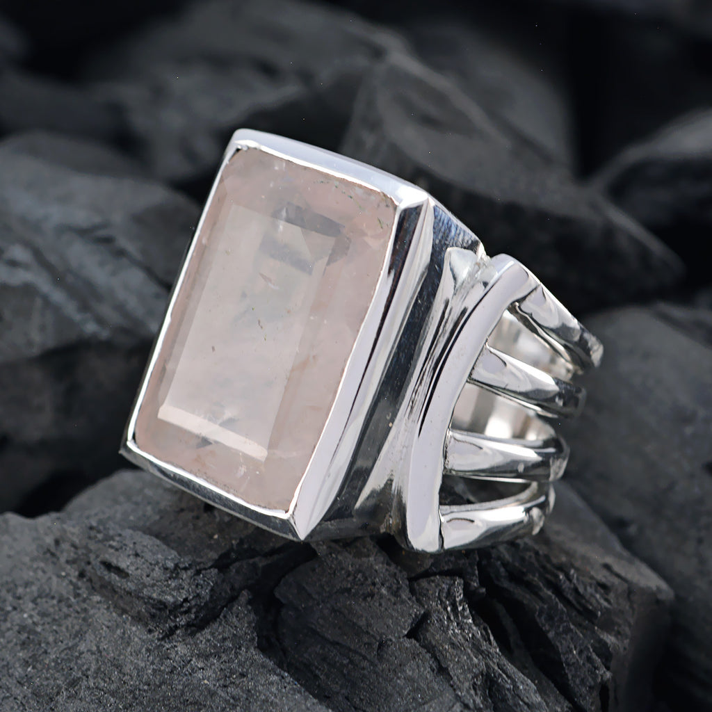 Rose Quartz Solitaire German 925 Silver Pink Gems Chunky Armor Ring Jewellery