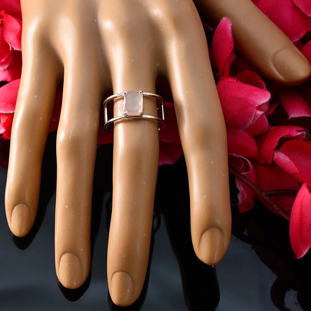 Rose Quartz Solitaire American 92.5 Silver Pink Gems Whisper thin Geometric Band Jewelry