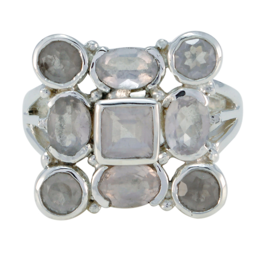 Rose Quartz Navratna French Silver Pink Gemstone Essential  Abstract Ring Jewellery