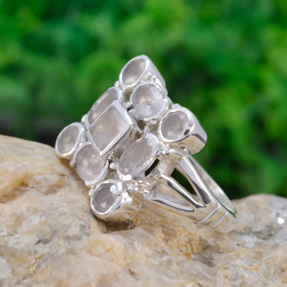 Rose Quartz Navratna French Silver Pink Gemstone Essential  Abstract Ring Jewellery