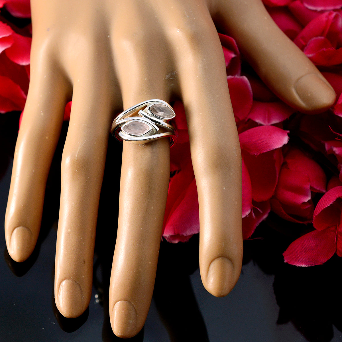 Rose Quartz Toi et Moi Indian Silver Pink Gemstone Slim Trendy Ring Jewellery