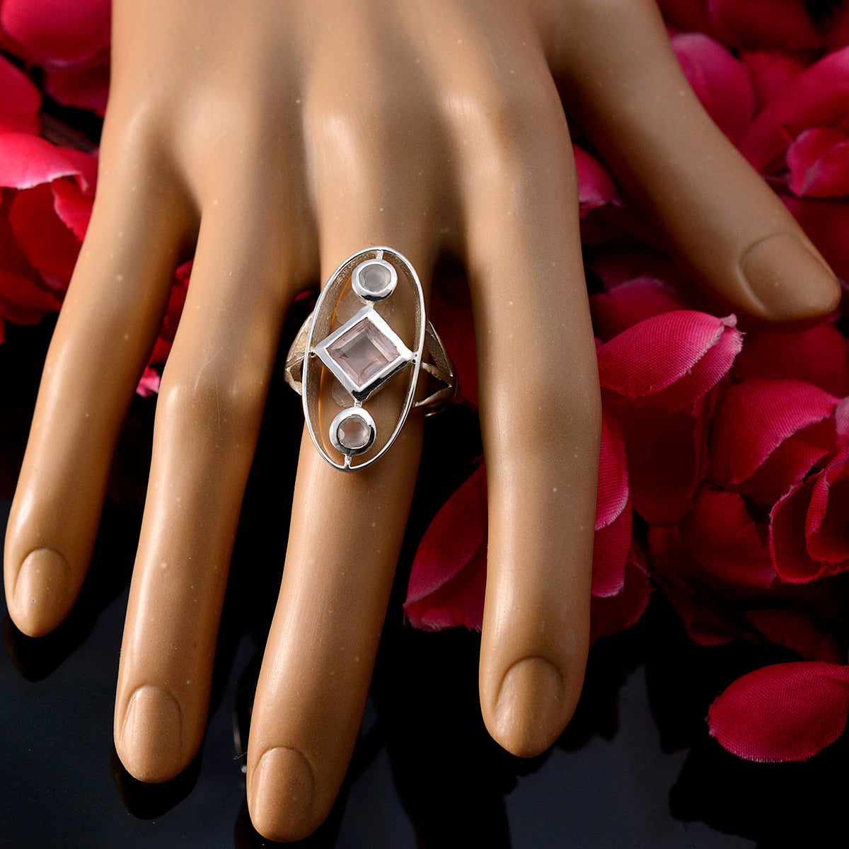 Rose Quartz Trilogy German Silver Pink Gems Slim Abstract Ring Jewelry