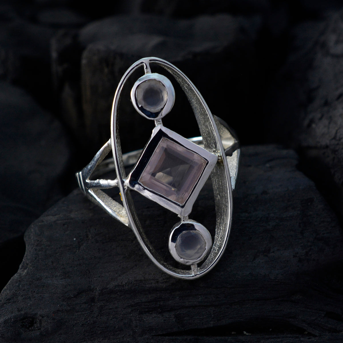 Rose Quartz Trilogy German Silver Pink Gems Slim Abstract Ring Jewelry