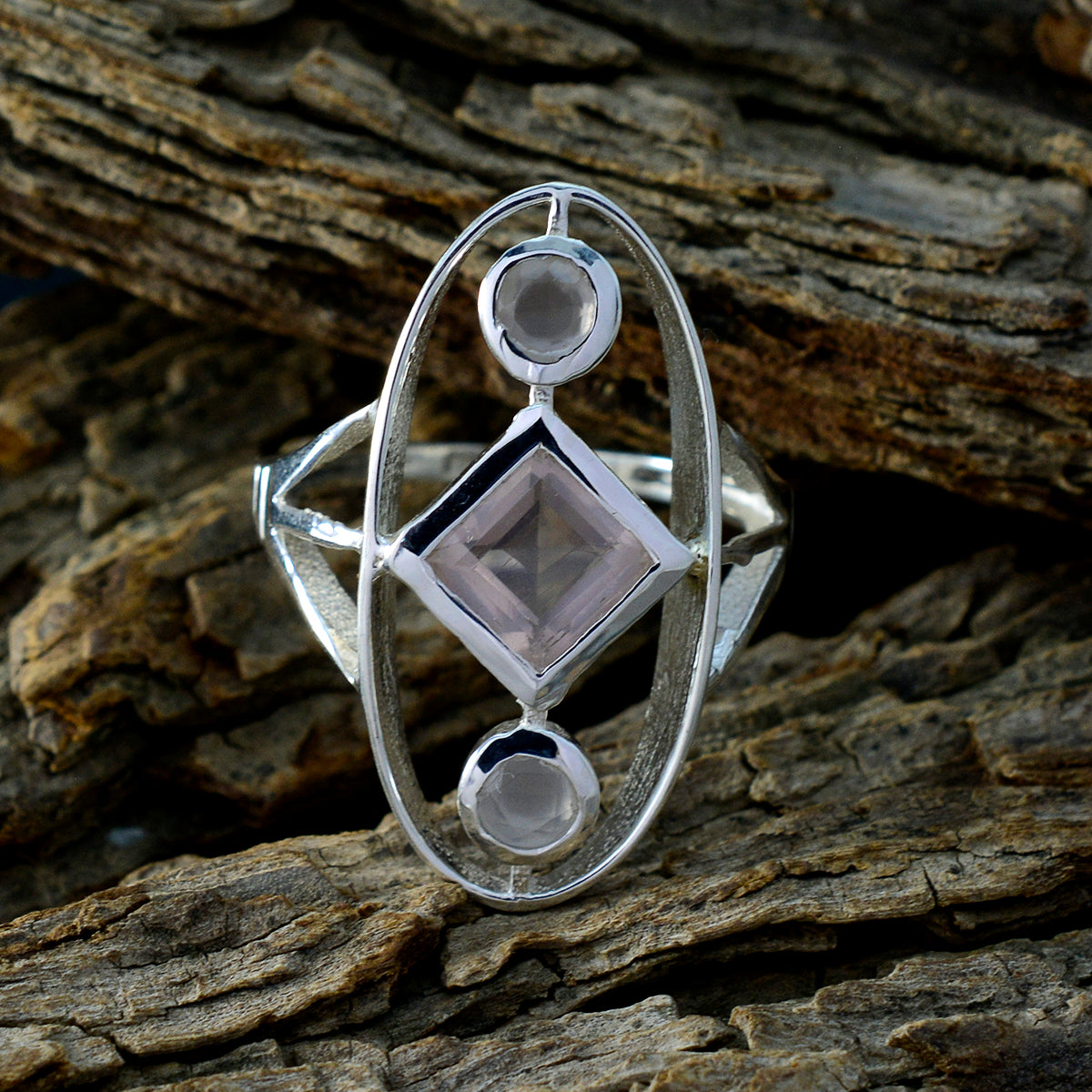 Rose Quartz Trilogy German Silver Pink Gems Slim Abstract Ring Jewelry