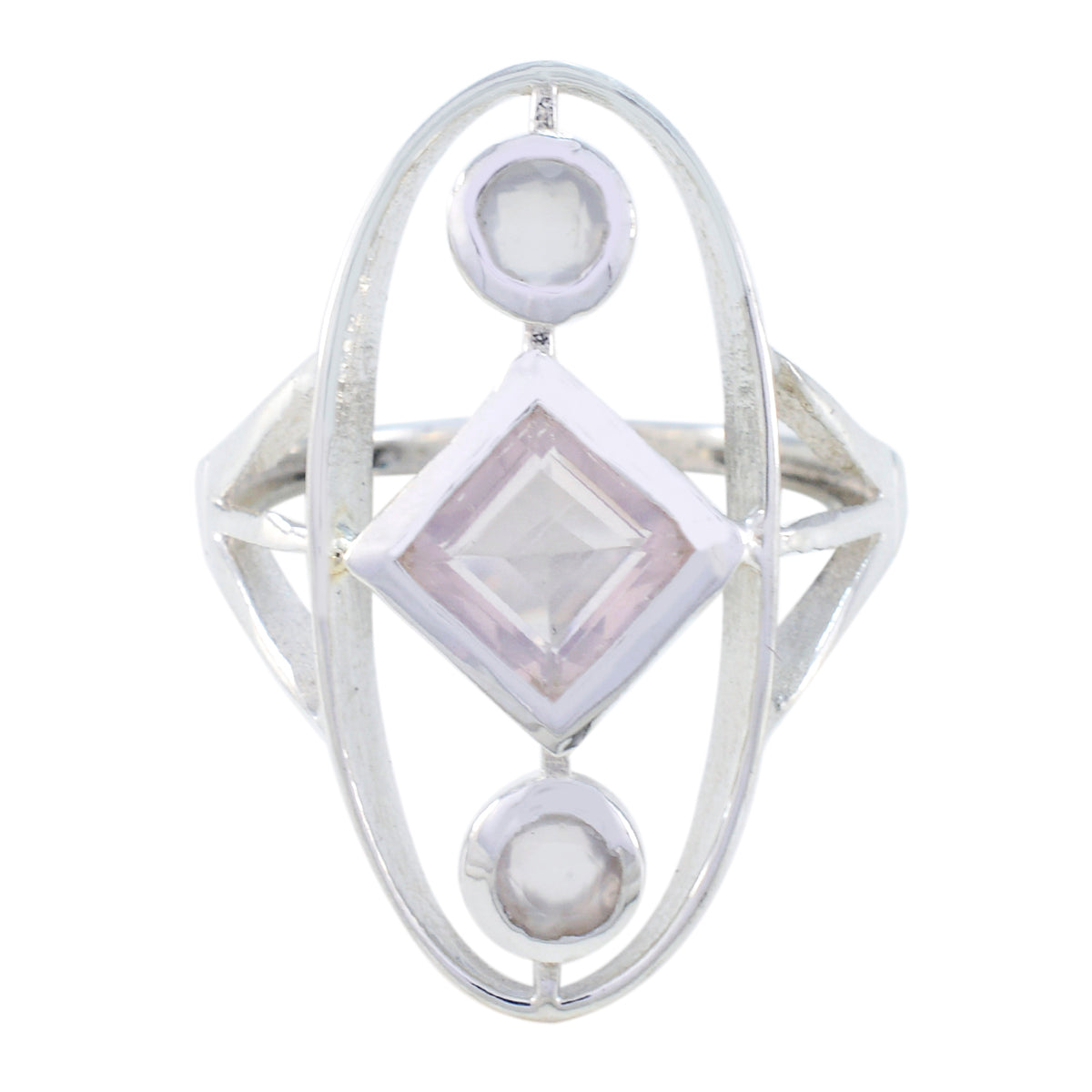 Rosenquarz-Trilogie, Neusilber, rosa Edelsteine, schmaler abstrakter Ring, Schmuck Hauptbild