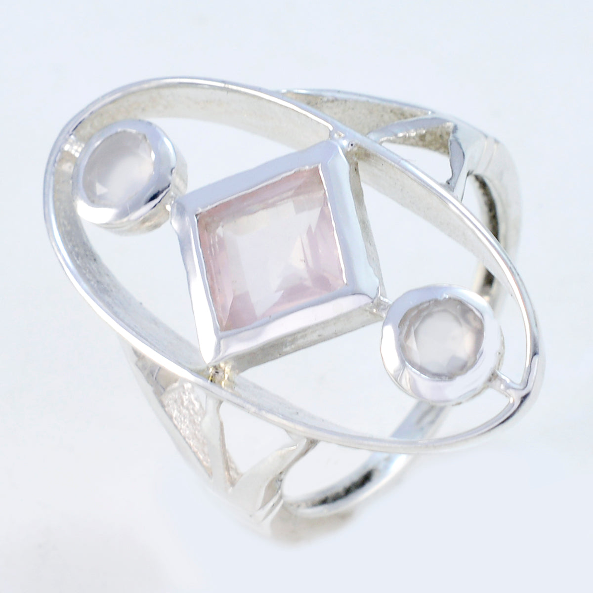 Rosenquarz-Trilogie, Neusilber, rosa Edelsteine, schmaler abstrakter Ring, Schmuck Zweitbild