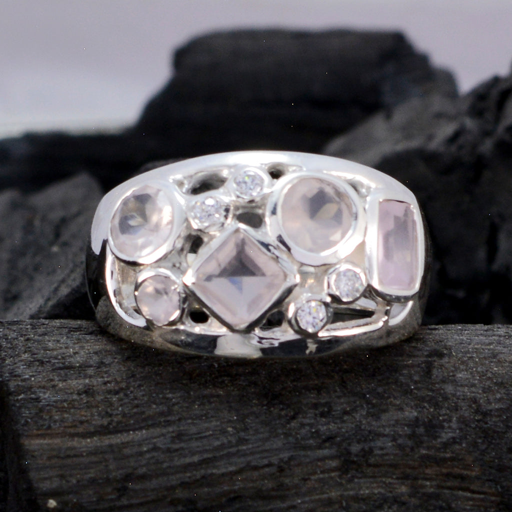 Rose Quartz quarter German 925 Sterling Silver Pink Gems Eye catching Abstract Ring Jewelry