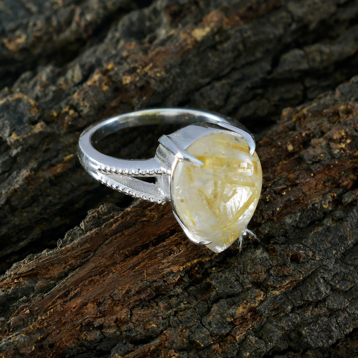 Rutile Quartz Solitaire Moroccan 925 Silver Yellow Gemstone Eye catching wedding Ring Jewellery