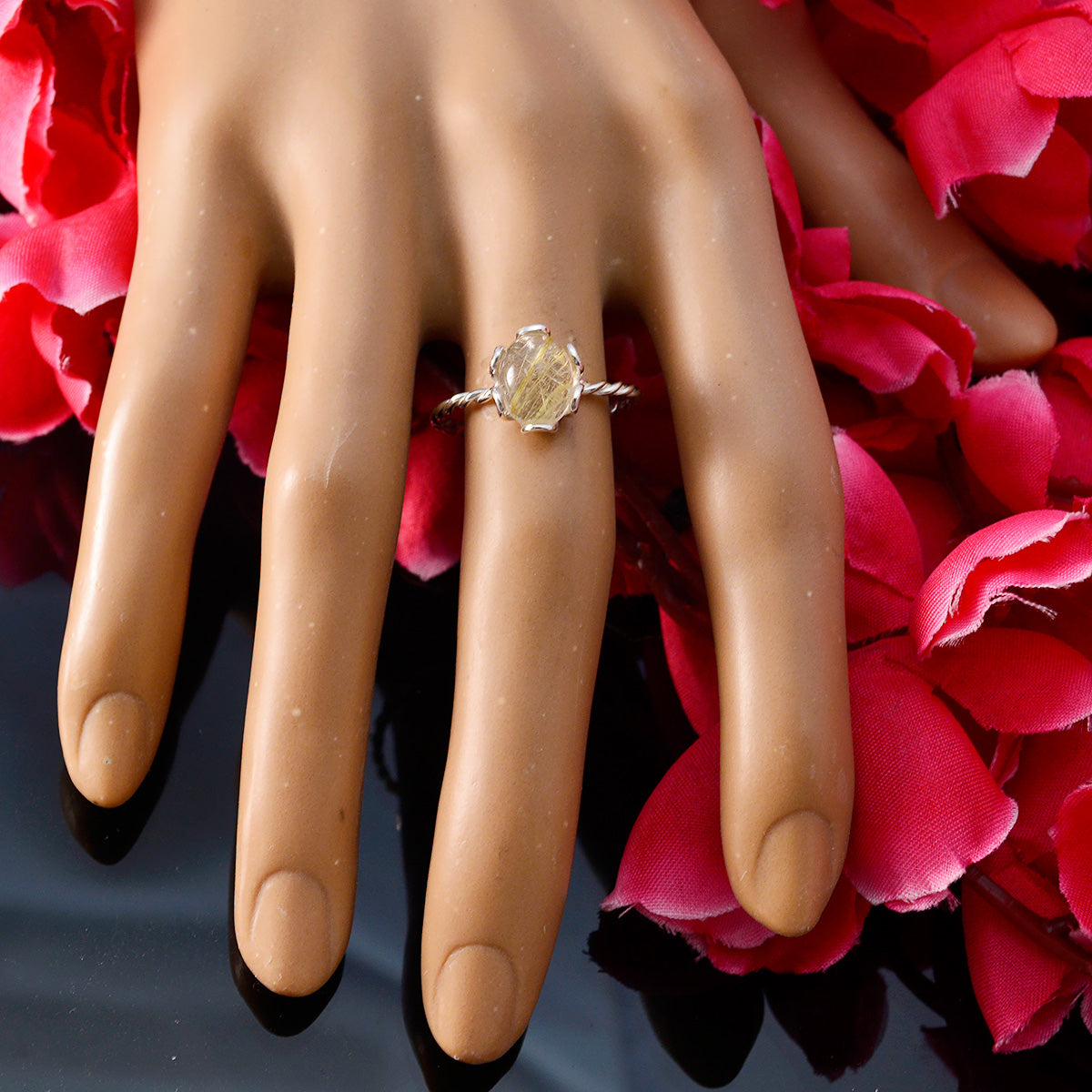 Rutile Quartz Solitaire Japanese 925 Sterling Silver Yellow Gemstones Delicate Twist Ring Jewellery