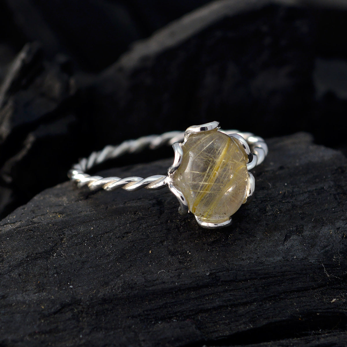 Rutile Quartz Solitaire Japanese 925 Sterling Silver Yellow Gemstones Delicate Twist Ring Jewellery