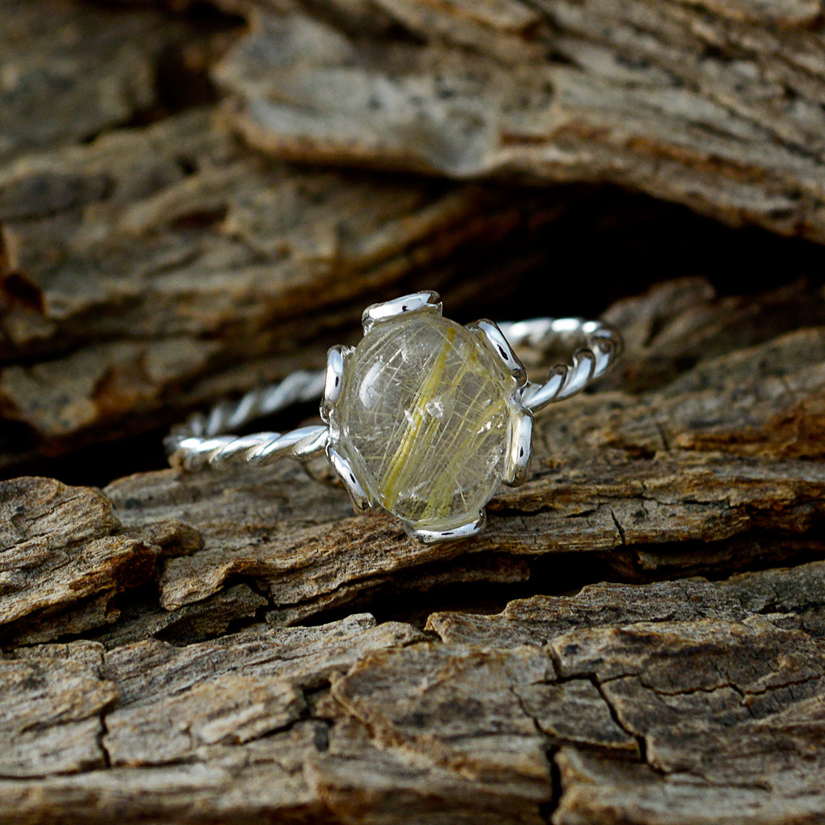 Rutile Quartz Solitaire Japanese 925 Sterling Silver Yellow Gemstones Delicate Twist Ring Jewellery