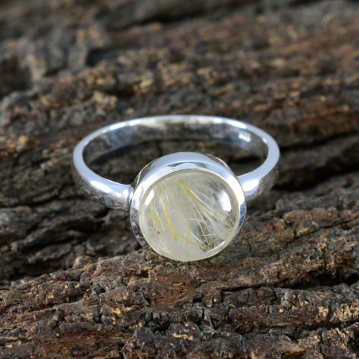 Rutile Quartz Solitaire French 925 Silver Yellow Gemstone Slim Sophisticated Ring Jewelry