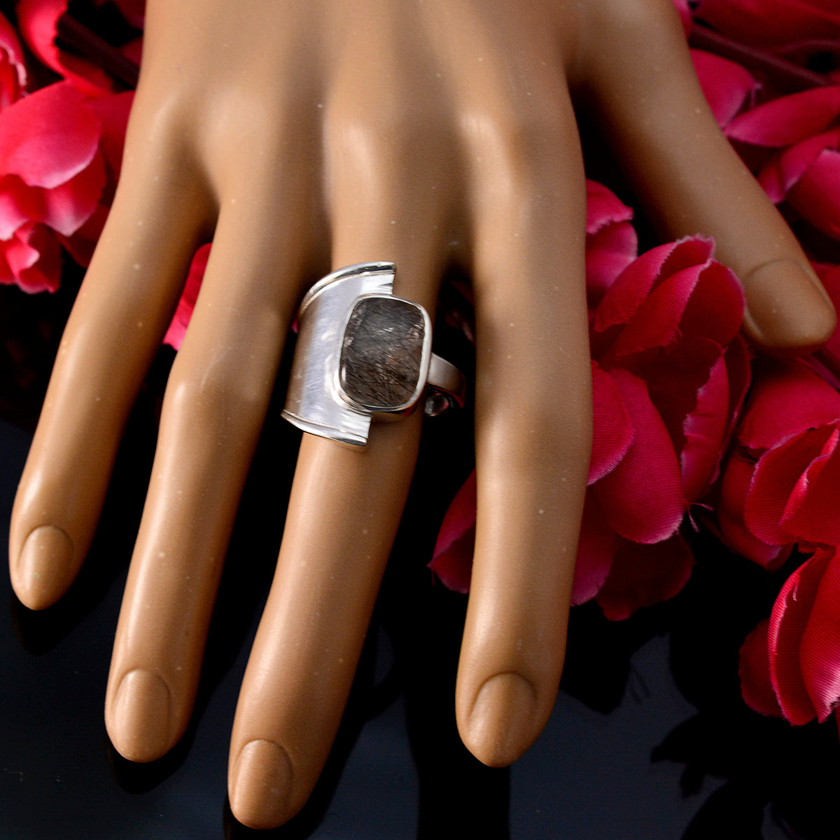 Rutile Quartz Solitaire French 925 Sterling Silver Black Gems Essential  Contemporary Ring Jewelry