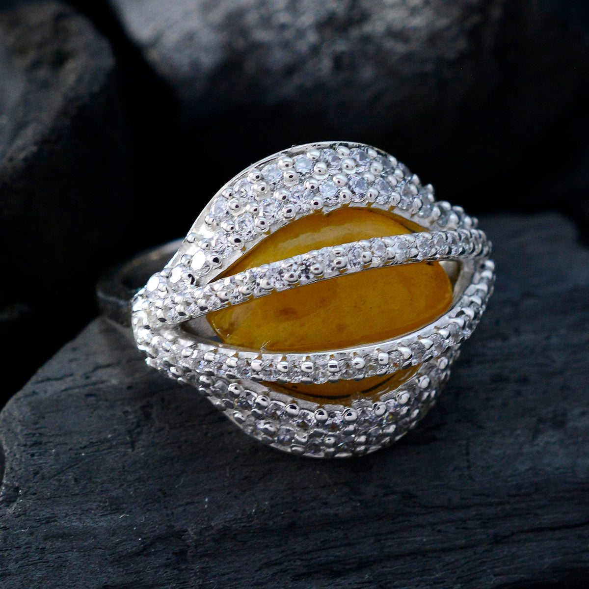 Rutilquarz Halo Marokkanischer 925 Sterling Silber Gelber Edelstein Auffälliger moderner Ring Schmuck