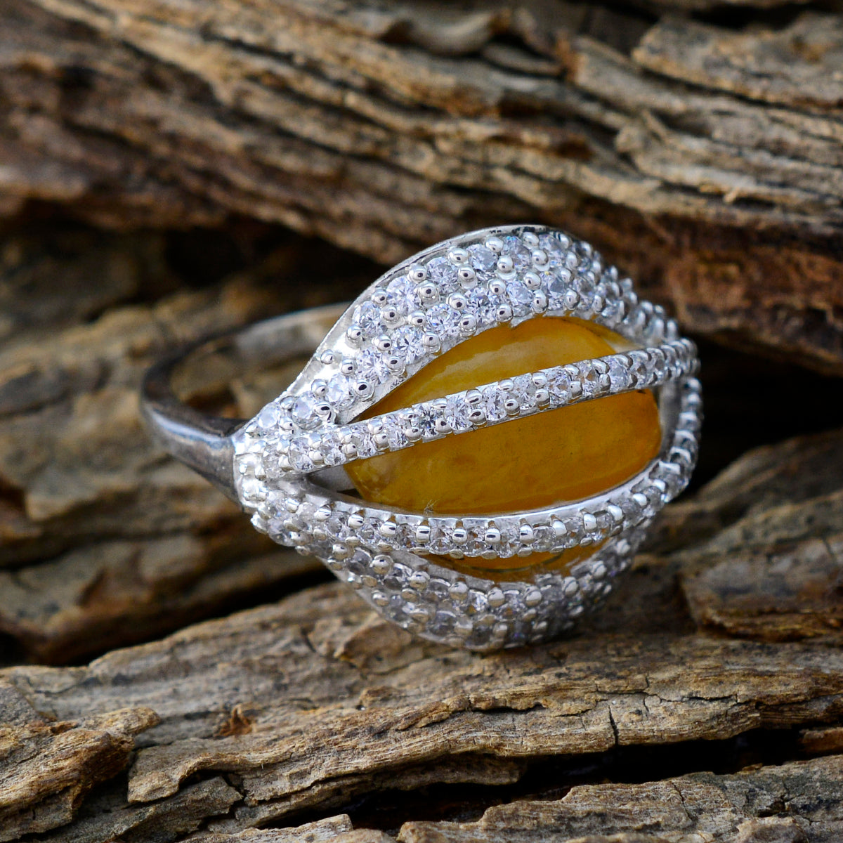 Rutilquarz Halo Marokkanischer 925 Sterling Silber Gelber Edelstein Auffälliger moderner Ring Schmuck