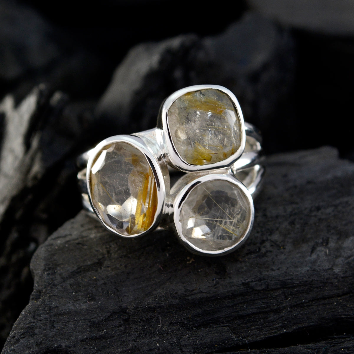 Rutile Quartz Trilogy African 92.5 Silver Yellow Gems Eye catching Modern Ring Jewelry