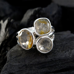 Rutile Quartz Trilogy African 92.5 Silver Yellow Gems Eye catching Modern Ring Jewelry