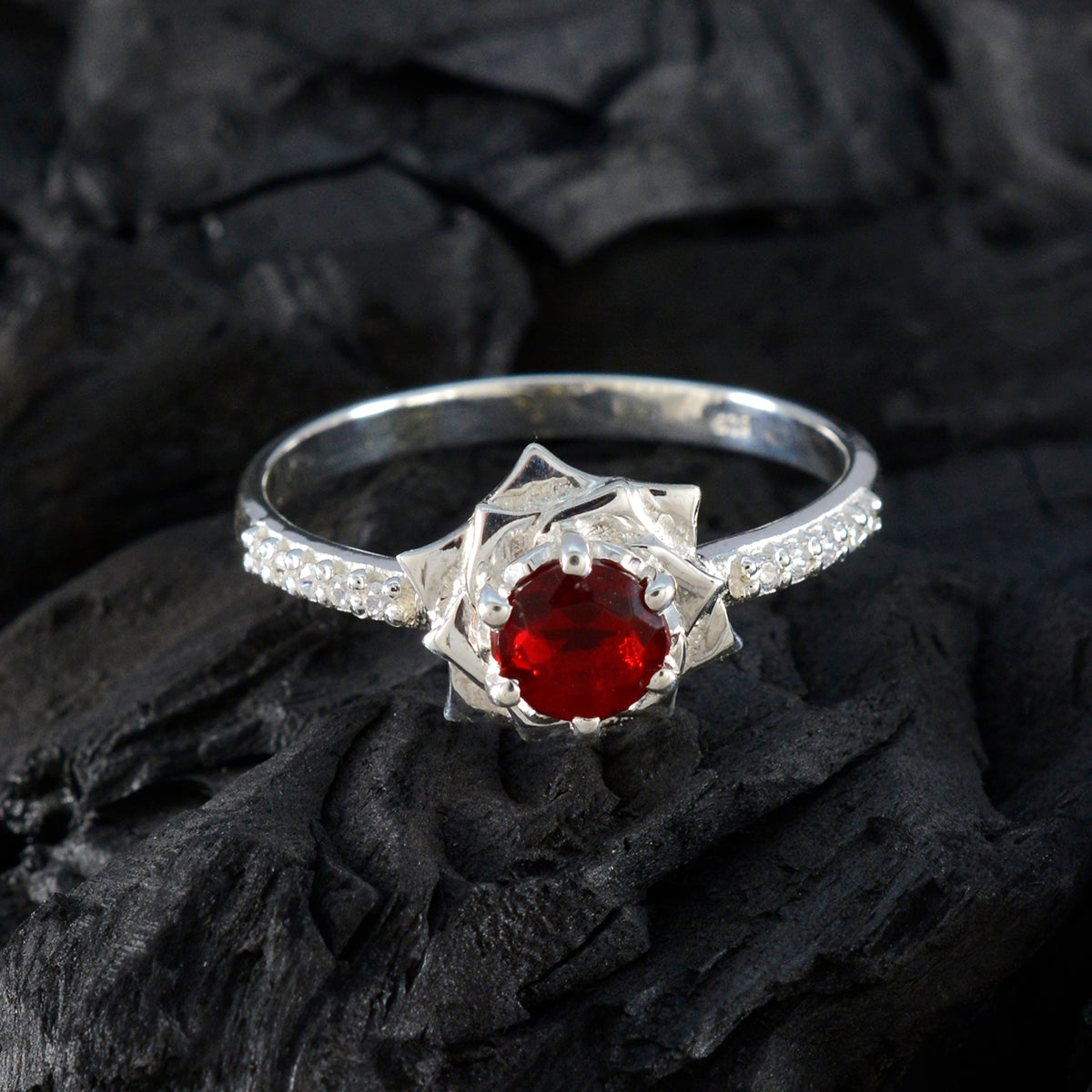 Ruby CZ Halo Indian 925 Sterling Silver Red Gemstones Slim Fairytale Ring Jewelry