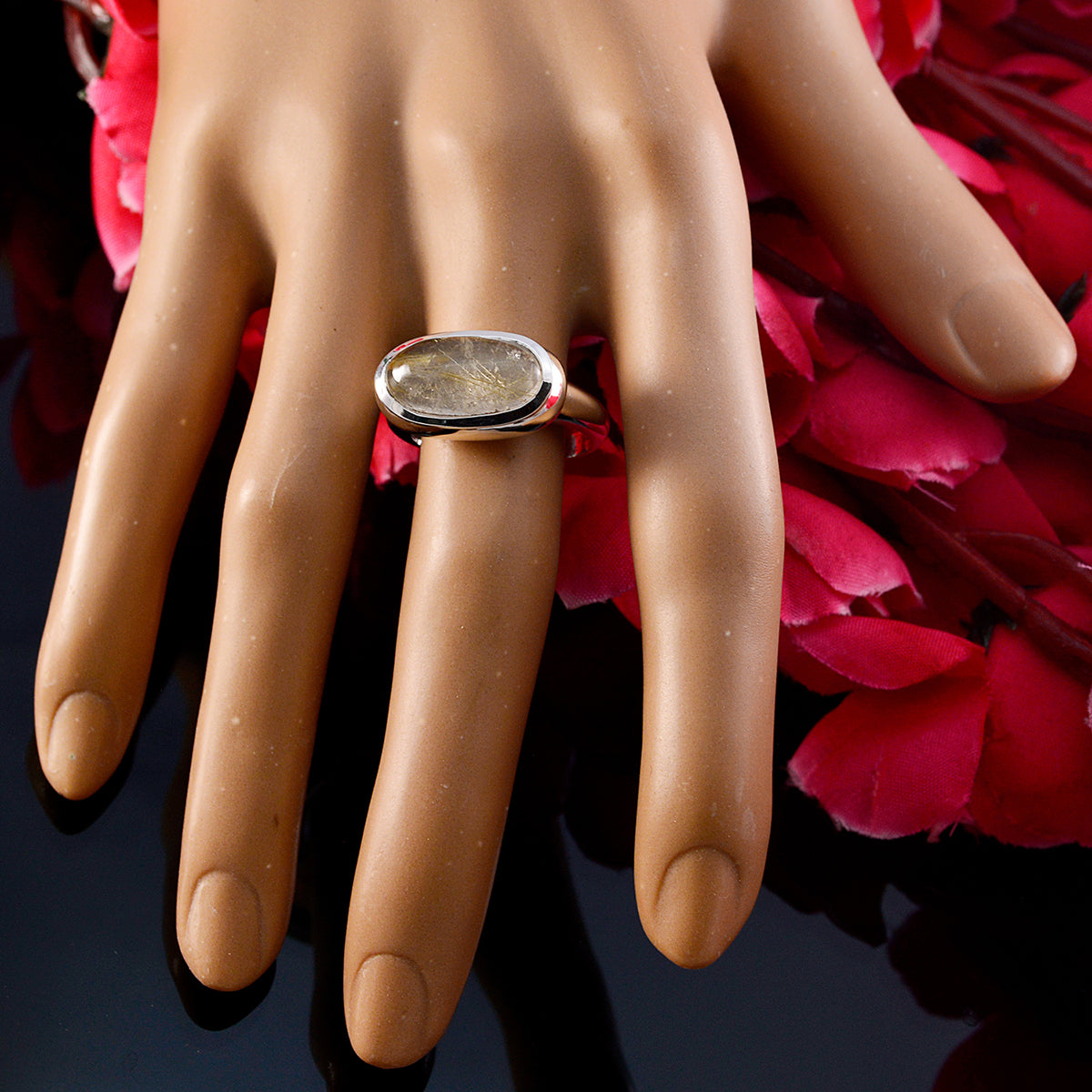 Rutile Quartz Solitaire Egyptian Sterling Silver Yellow Gemstone Mid weight Sophisticated Ring Jewelry