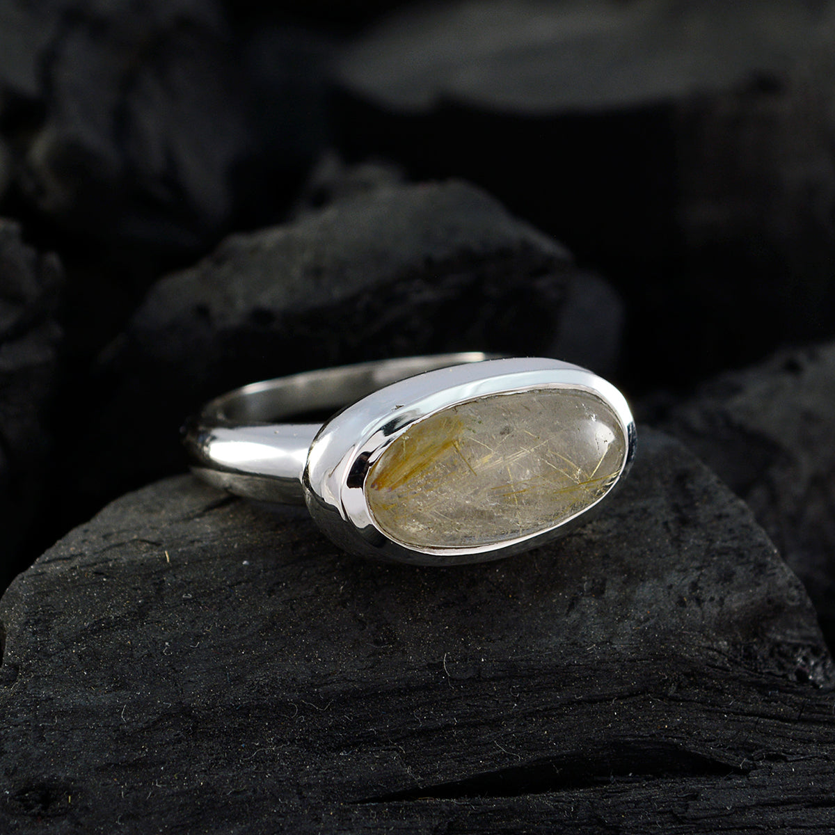 Rutile Quartz Solitaire Egyptian Sterling Silver Yellow Gemstone Mid weight Sophisticated Ring Jewelry