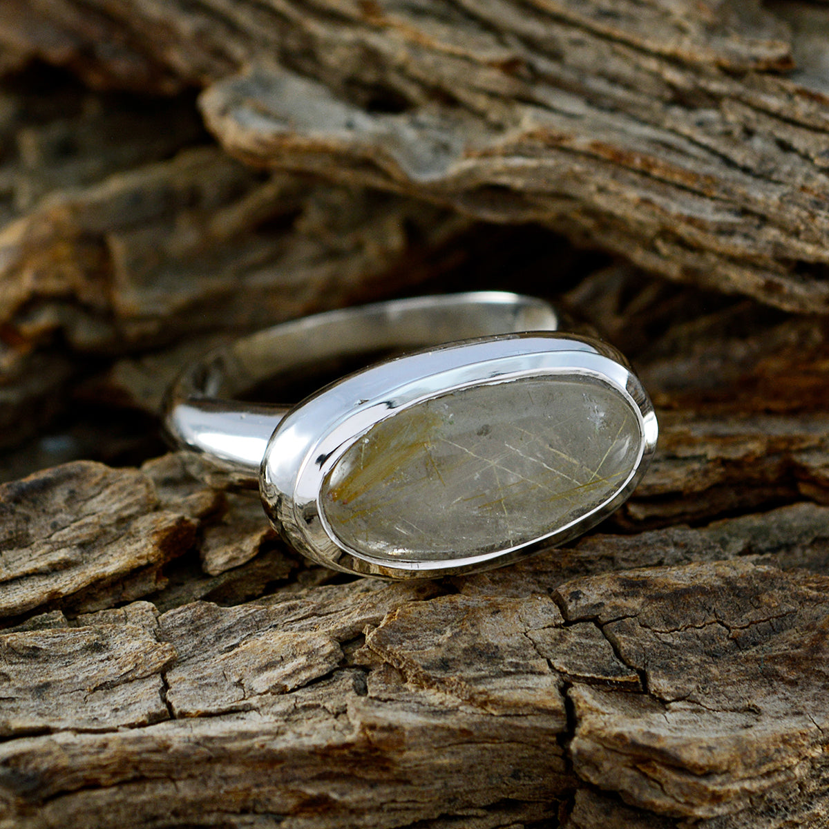 Rutile Quartz Solitaire Egyptian Sterling Silver Yellow Gemstone Mid weight Sophisticated Ring Jewelry