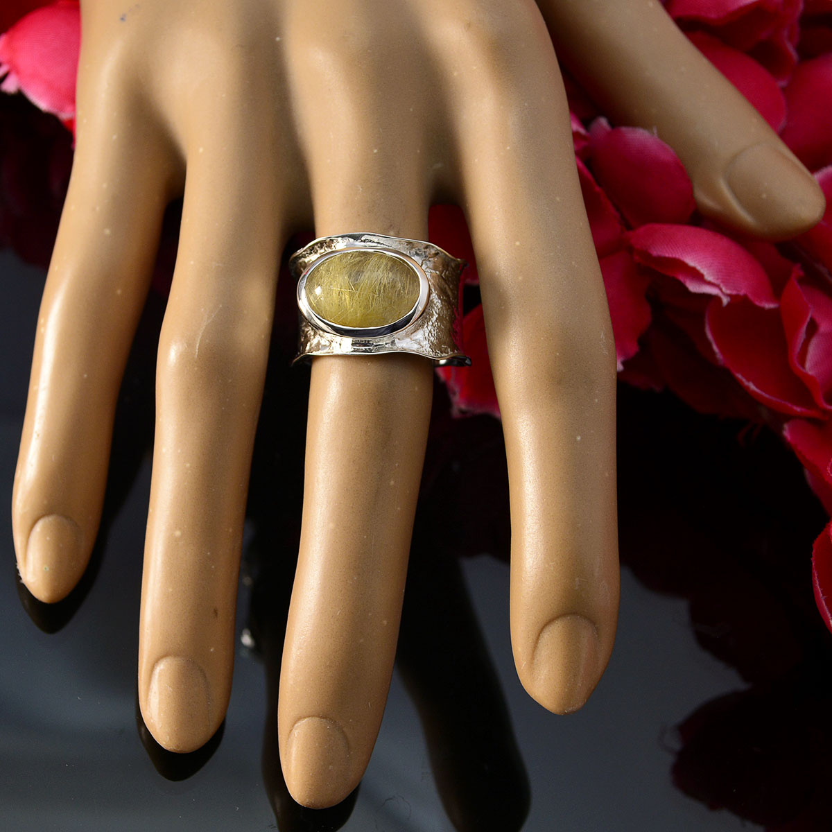 Rutile Quartz Solitaire German 925 Silver Yellow Gemstones Edgy Oversized Band Jewelry