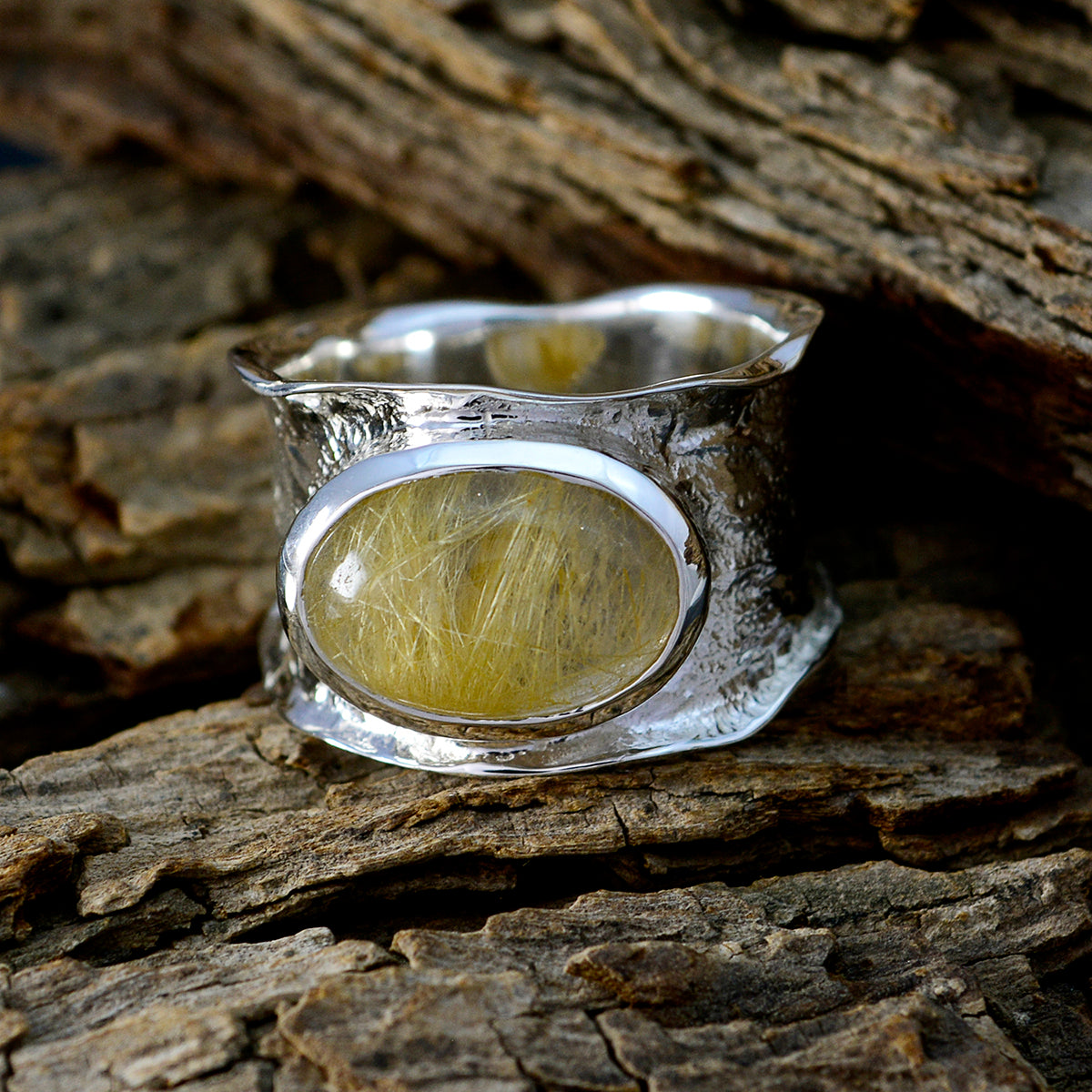 Rutile Quartz Solitaire German 925 Silver Yellow Gemstones Edgy Oversized Band Jewelry