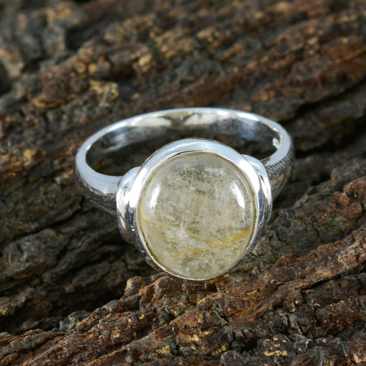Rutile Quartz Solitaire French 925 Sterling Silver Yellow Gemstone Minimal Trendy Ring Jewellery