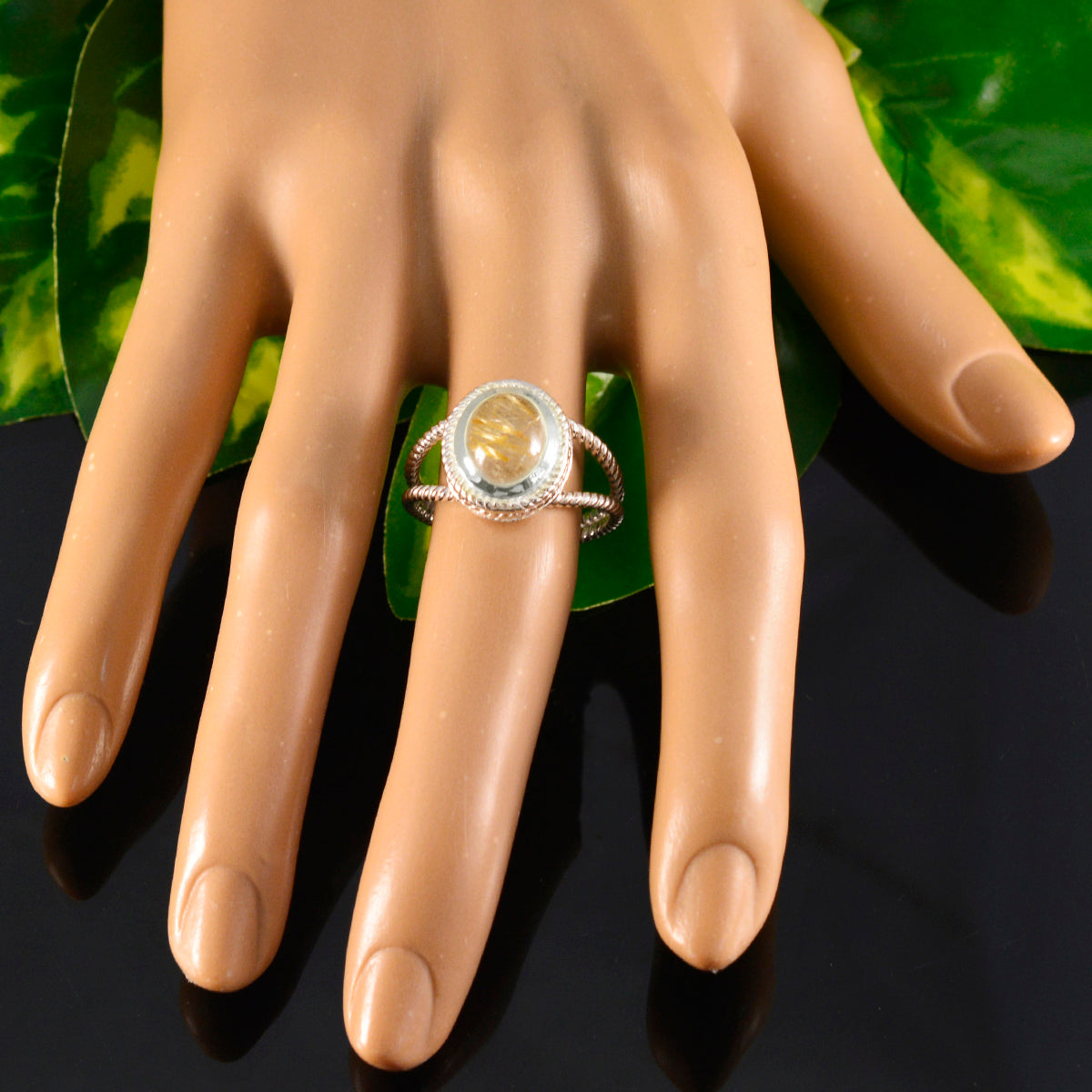 Rutile Quartz Solitaire Australian 925 Sterling Silver Yellow Gemstones Classic Rope Wire Ring Jewelry