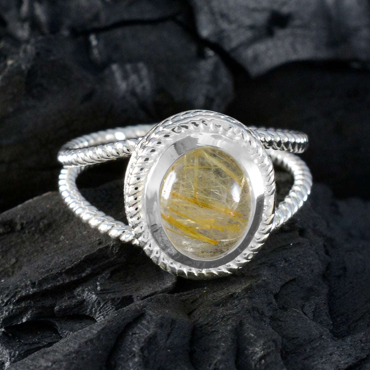 Rutile Quartz Solitaire Australian 925 Sterling Silver Yellow Gemstones Classic Rope Wire Ring Jewelry