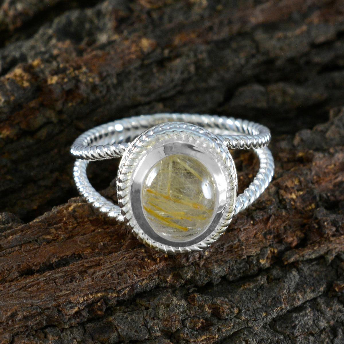 Rutile Quartz Solitaire Australian 925 Sterling Silver Yellow Gemstones Classic Rope Wire Ring Jewelry