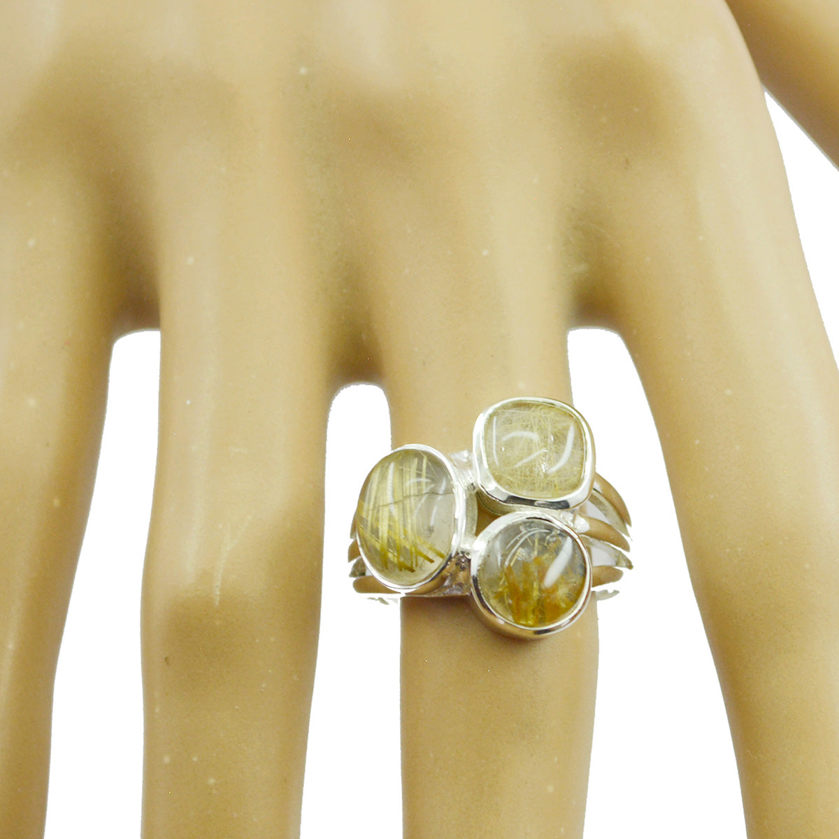 Anillo de cuento de hadas de peso medio con gemas amarillas y trilogía de cuarzo rutilado en plata esterlina marroquí Imagen secundaria del producto