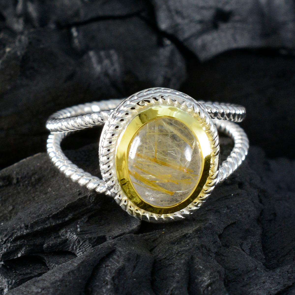 Rutile Quartz Solitaire Spanish Silver Yellow Gems Classic Rope Wire Ring Jewellery