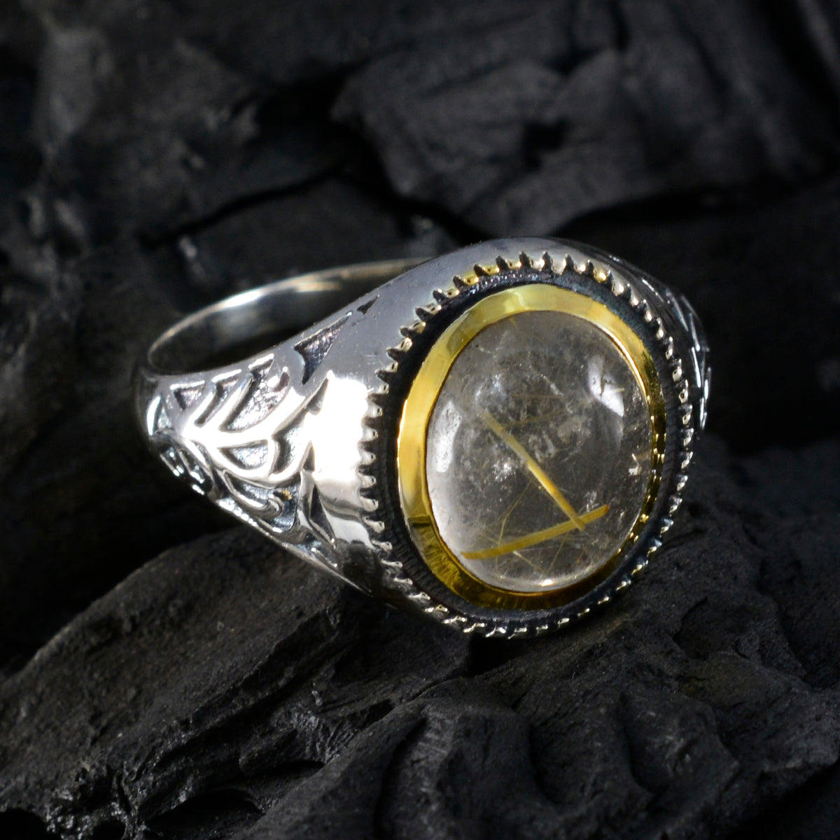 Rutile Quartz Solitaire Australian 92.5 Silver Yellow Gemstones Eye catching Filigree Ring Jewelry