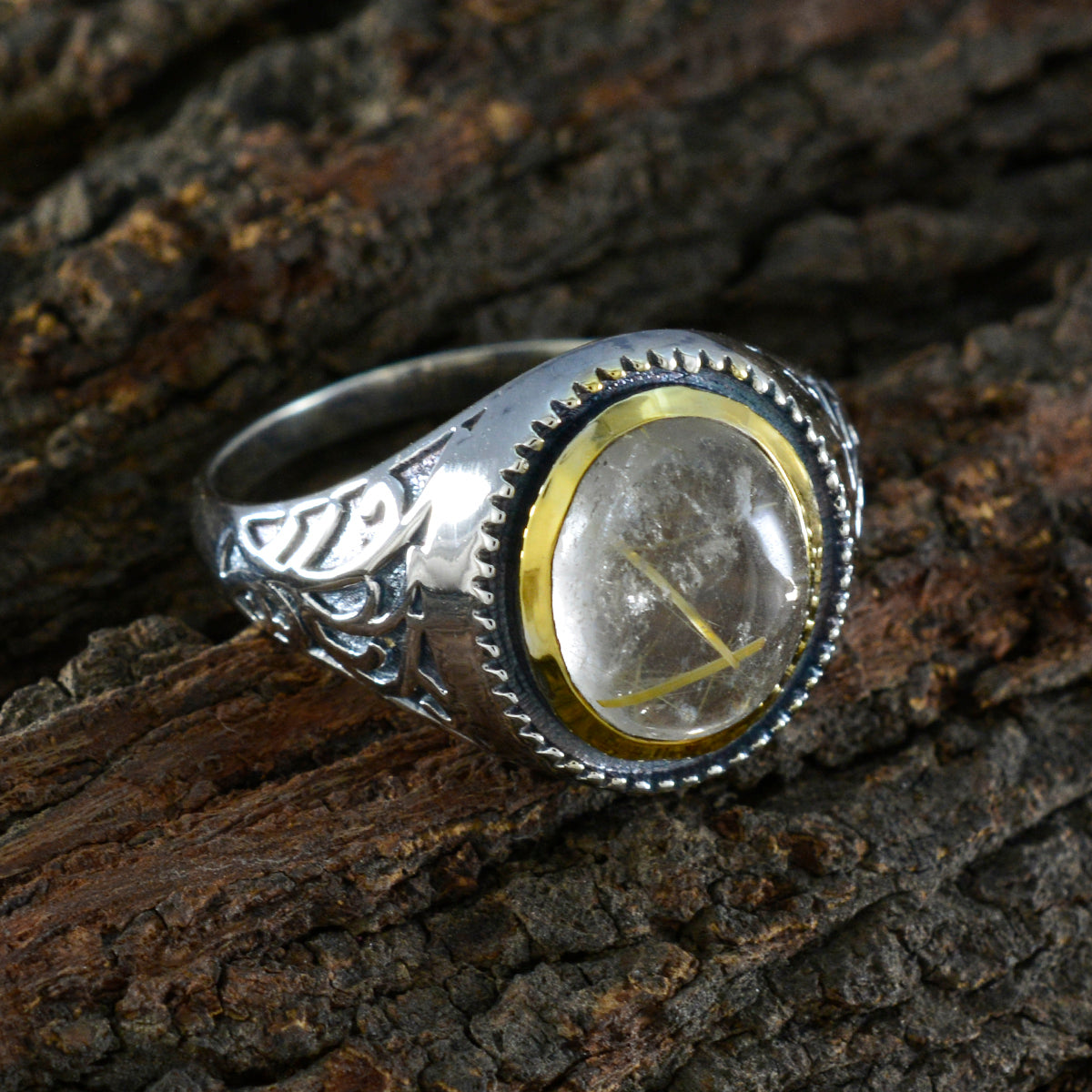 Rutile Quartz Solitaire Australian 92.5 Silver Yellow Gemstones Eye catching Filigree Ring Jewelry