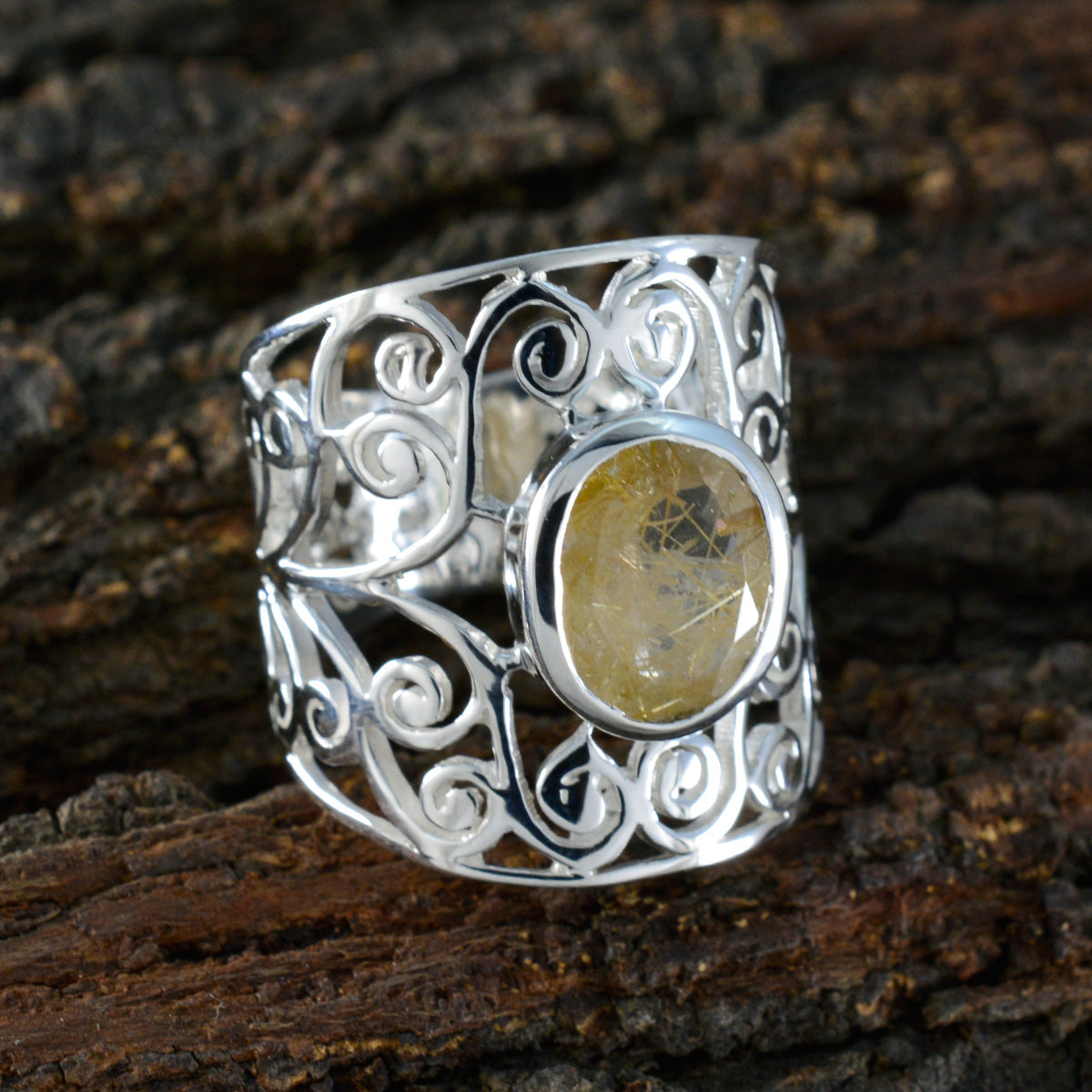 Rutile Quartz Solitaire Middle Eastern Sterling Silver Yellow Gemstones Versatile Filigree  Ring Jewelry