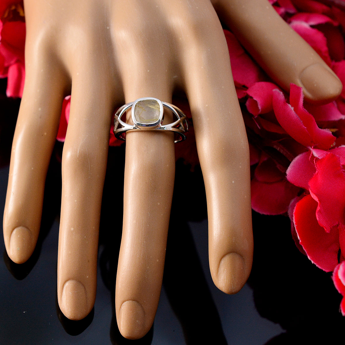 Rutile Quartz Solitaire Russian 925 Silver Black Gemstone Slim Contemporary Ring Jewelry