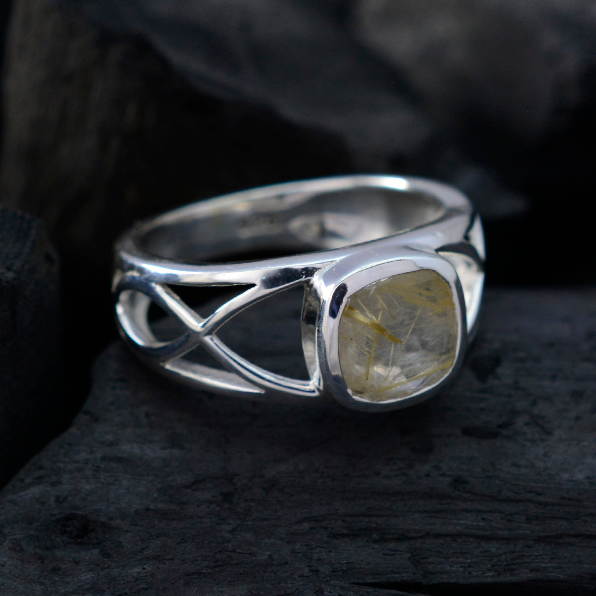 Rutile Quartz Solitaire Russian 925 Silver Black Gemstone Slim Contemporary Ring Jewelry