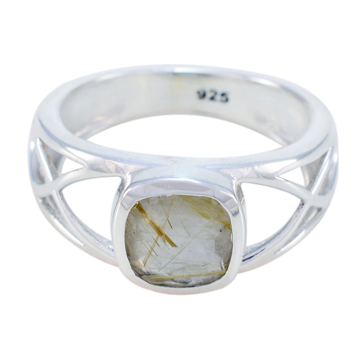 Rutile Quartz Solitaire Russian 925 Silver Black Gemstone Slim Contemporary Ring Jewelry