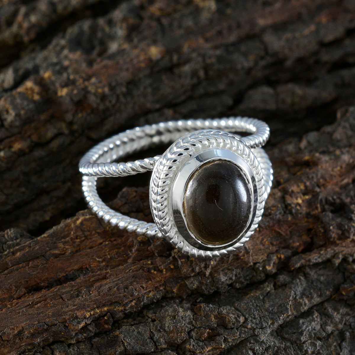 Smoky Quartz Solitaire Latin American Sterling Silver Brown Gemstone Classic Rope Wire Ring Jewelry