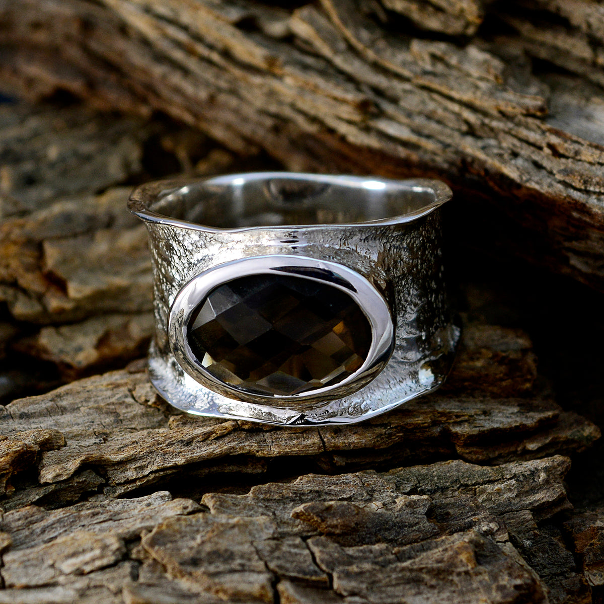 smoky quartz Solitaire German 92.5 Silver Brown Gems Edgy Oversized Band Jewellery
