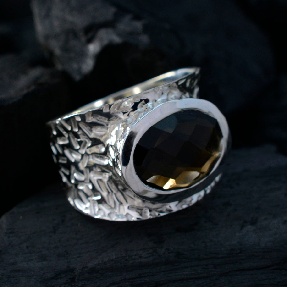 Smoky Quartz Solitaire Indian Silver Brown Gems Essential  engravings Ring Jewellery