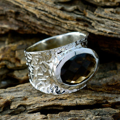 Smoky Quartz Solitaire Indian Silver Brown Gems Essential  engravings Ring Jewellery