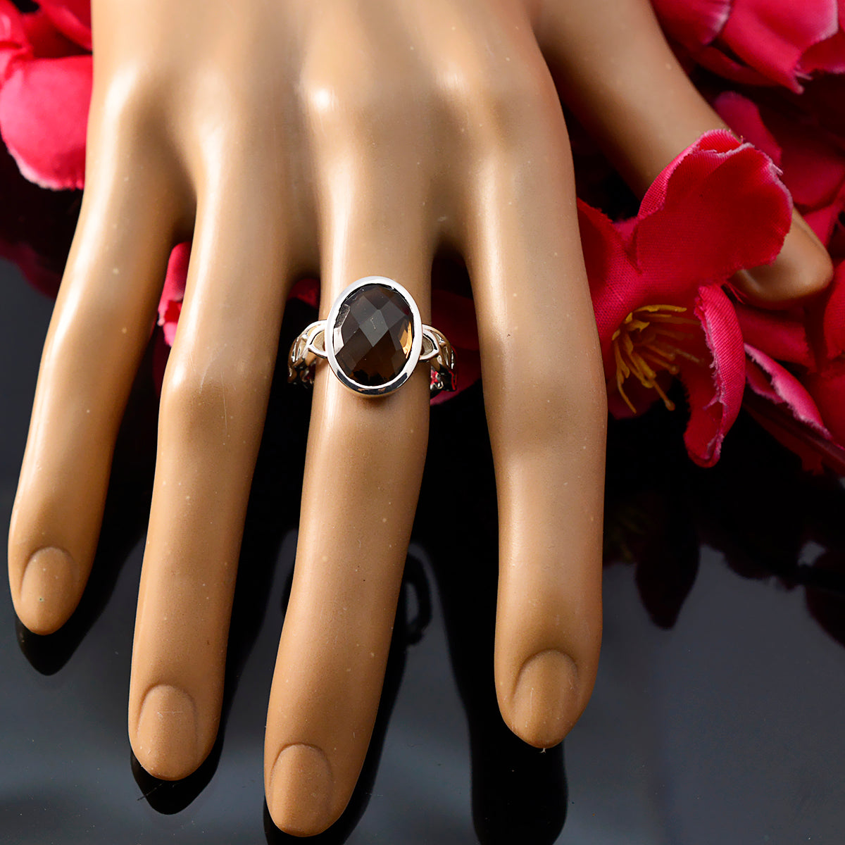 Smoky Quartz Solitaire Mexican Silver Brown Gemstone Minimal Rope Wire Ring Jewelry