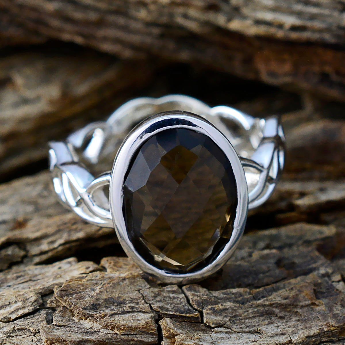 Smoky Quartz Solitaire Mexican Silver Brown Gemstone Minimal Rope Wire Ring Jewelry