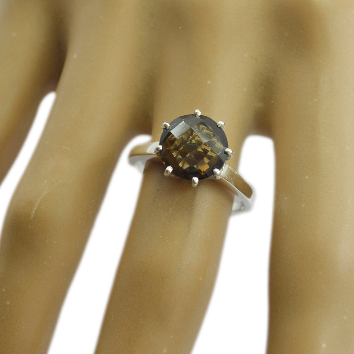 Bague solitaire en quartz fumé, argent américain, pierres précieuses brunes, ultra-fine, luxueuse Image secondaire du produit