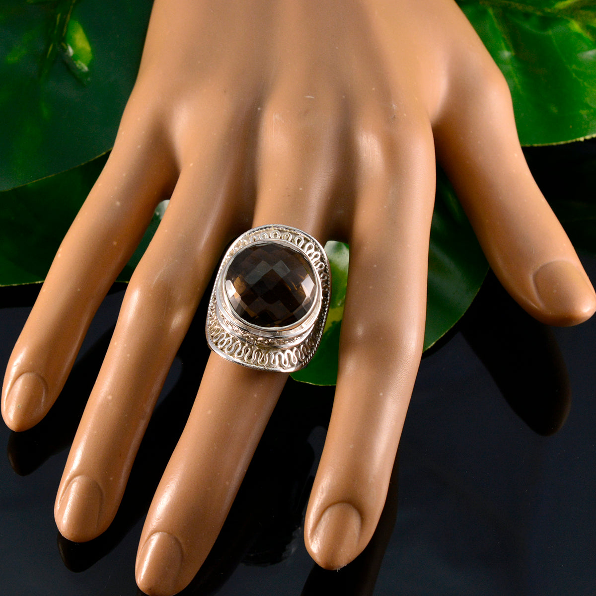 Smoky Quartz Solitaire Spanish 925 Sterling Silver Brown Gemstones Chunky Rope Wire Ring Jewelry